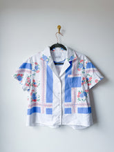 Load image into Gallery viewer, One-of-a-Kind: Vintage Pink and blue Floral Tablecloth Shaftsbury Shirt (S)