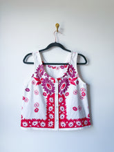 Load image into Gallery viewer, One-of-a-Kind: Vintage Cherry Red and Purple Floral Tablecloth Pearl Snap Tank (S)