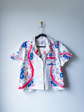 Load image into Gallery viewer, One-of-a-Kind: Vintage Blue Hollyhock Tablecloth Shaftsbury Shirt (M)
