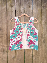 Load image into Gallery viewer, One-of-a-Kind: Vintage purple and teal Floral Tablecloth Pearl Snap Tank (S)