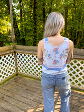 Load image into Gallery viewer, One-of-a-Kind: Vintage Pink and Blue Floral Tablecloth Pearl Snap Tank (S)