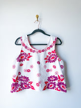 Load image into Gallery viewer, One-of-a-Kind: Vintage Cherry Red and Purple Floral Tablecloth Turnaround Tank (M)