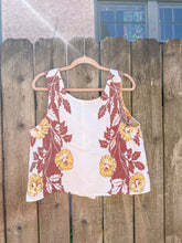 Load image into Gallery viewer, One-of-a-Kind: Vintage Brown and Yellow Floral Tablecloth Pearl Snap Tank (M)