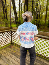 Load image into Gallery viewer, One-of-a-Kind: Aqua/Pink/Blue Floral Vintage Tablecloth Shaftsbury Shirt (S)