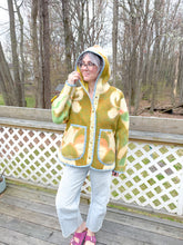 Load image into Gallery viewer, One-of-a-Kind: Deep Green and Orange Floral Burst Ukrainian Blanket Hooded Flora Jacket (L)