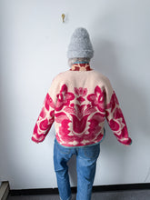 Load image into Gallery viewer, One-of-a-Kind: Burgundy and Rust Colorblock Floral Wool Ukrainian Blanket Flora Jacket (S)