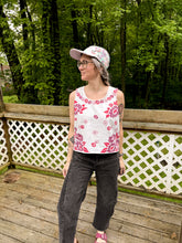 Load image into Gallery viewer, One-of-a-Kind: Vintage Cherry Red and Purple Floral Tablecloth Turnaround Tank (M)
