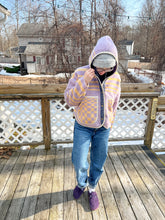 Load image into Gallery viewer, One-of-a-Kind: Vintage Lavender and Tan Geometric Wool Blanket Hooded Flora Jacket (M)