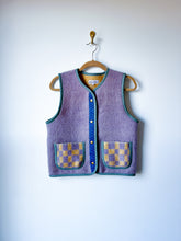 Load image into Gallery viewer, One-of-a-Kind: Lavender Geometric Wool Blanket Snap Front Vest (M)