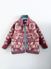 Load image into Gallery viewer, One-of-a-Kind: Burgundy and Gray Floral Ukrainian Blanket Hooded Flora Jacket (L)