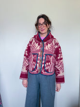 Load image into Gallery viewer, One-of-a-Kind: Burgundy and Cream Leaves Ukrainian Blanket Hooded Flora Jacket (S)