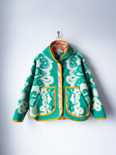 Load image into Gallery viewer, One-of-a-Kind: Kelly Green Floral Wool Ukrainian Blanket Hooded Flora Jacket (L)