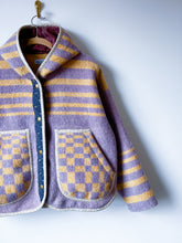 Load image into Gallery viewer, One-of-a-Kind: Vintage Lavender and Tan Geometric Wool Blanket Hooded Flora Jacket (M)