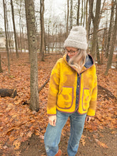 Load image into Gallery viewer, One-of-a-Kind:Mustard and Chartreuse Floral Ukrainian Blanket Hooded Flora Jacket (M)