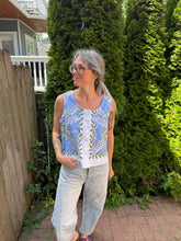 Load image into Gallery viewer, One-of-a-Kind: Hollyhock Vintage Tablecloth Pearl Snap Tank (M)