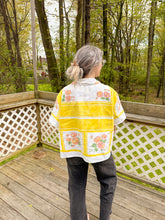 Load image into Gallery viewer, One-of-a-Kind: Yellow/pink/mauve Floral Vintage Tablecloth Shaftsbury Shirt (L)