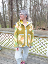 Load image into Gallery viewer, One-of-a-Kind: Deep Green and Orange Floral Burst Ukrainian Blanket Hooded Flora Jacket (L)