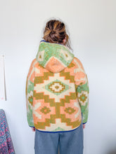 Load image into Gallery viewer, One-of-a-Kind: Geometric Floral Ukrainian Blanket Hooded Flora Jacket (M)