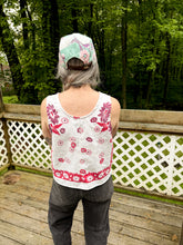 Load image into Gallery viewer, One-of-a-Kind: Vintage Cherry Red and Purple Floral Tablecloth Turnaround Tank (M)