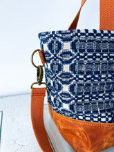 Load image into Gallery viewer, One-of-a-Kind: Antique Navy Woven Coverlet Project Bag (with detachable strap)