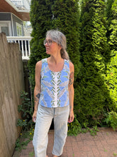 Load image into Gallery viewer, One-of-a-Kind: Hollyhock Vintage Tablecloth Pearl Snap Tank (S)