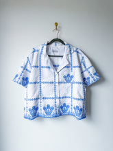 Load image into Gallery viewer, One-of-a-Kind: Blue Basket Vintage Tablecloth Shaftsbury Shirt (L)