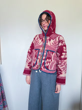 Load image into Gallery viewer, One-of-a-Kind: Burgundy and Cream Leaves Ukrainian Blanket Hooded Flora Jacket (S)