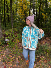 Load image into Gallery viewer, One-of-a-Kind: Ukrainian Blue Floral Wool Blanket Flora Jacket (L)