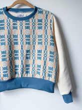 Load image into Gallery viewer, One-of-a-Kind: Peachy Pink and Blue Coverlet French Terry Pullover (L)