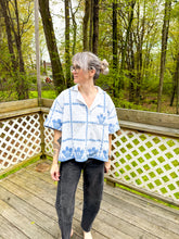 Load image into Gallery viewer, One-of-a-Kind: Blue Basket Vintage Tablecloth Shaftsbury Shirt (L)