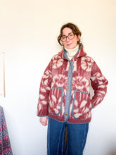 Load image into Gallery viewer, One-of-a-Kind: Burgundy and Gray Floral Ukrainian Blanket Hooded Flora Jacket (L)