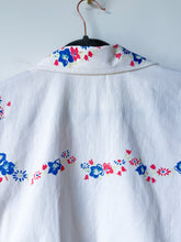 Load image into Gallery viewer, One-of-a-Kind: Vintage Blue Hollyhock Tablecloth Shaftsbury Shirt (M)
