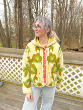 Load image into Gallery viewer, One-of-a-Kind: Green and Tan Floral Ukrainian Blanket Hooded Flora Jacket (S)
