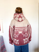 Load image into Gallery viewer, One-of-a-Kind: Burgundy and Gray Floral Ukrainian Blanket Hooded Flora Jacket (L)