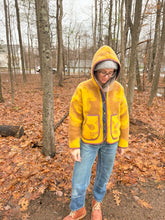 Load image into Gallery viewer, One-of-a-Kind:Mustard and Chartreuse Floral Ukrainian Blanket Hooded Flora Jacket (M)