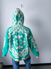 Load image into Gallery viewer, One-of-a-Kind: Kelly Green Floral Wool Ukrainian Blanket Hooded Flora Jacket (L)