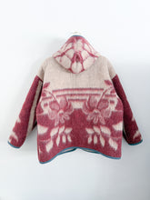 Load image into Gallery viewer, One-of-a-Kind: Burgundy and Gray Floral Ukrainian Blanket Hooded Flora Jacket (L)