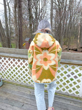 Load image into Gallery viewer, One-of-a-Kind: Deep Green and Orange Floral Burst Ukrainian Blanket Hooded Flora Jacket (L)