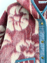 Load image into Gallery viewer, One-of-a-Kind: Burgundy and Gray Floral Ukrainian Blanket Hooded Flora Jacket (L)
