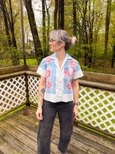 Load image into Gallery viewer, One-of-a-Kind: Aqua/Pink/Blue Floral Vintage Tablecloth Shaftsbury Shirt (S)