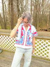 Load image into Gallery viewer, One-of-a-Kind: Tutti Blue Frutti Vintage Tablecloth Shaftsbury Shirt (S)
