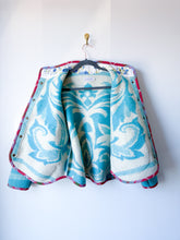 Load image into Gallery viewer, One-of-a-Kind: Bright Blue Floral Ukrainian Blanket Flora Jacket (M)