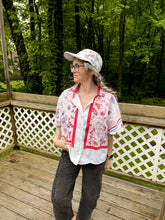 Load image into Gallery viewer, One-of-a-Kind: Vintage Periwinkle Floral Tablecloth Shaftsbury Shirt (L)