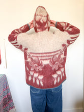 Load image into Gallery viewer, One-of-a-Kind: Burgundy and Gray Floral Ukrainian Blanket Hooded Flora Jacket (L)