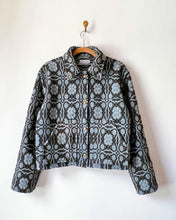 Load image into Gallery viewer, One-of-a-Kind: Overshot Coverlet Cropped Coat (black and blue)