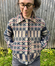 Load image into Gallery viewer, One-of-a-Kind: Overshot Coverlet Cropped Coat (navy/cream/lavender)