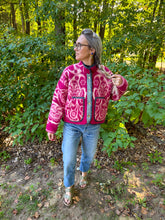 Load image into Gallery viewer, One-of-a-Kind: Green Geometric Floral Ukrainian Blanket Flora Jacket (S)
