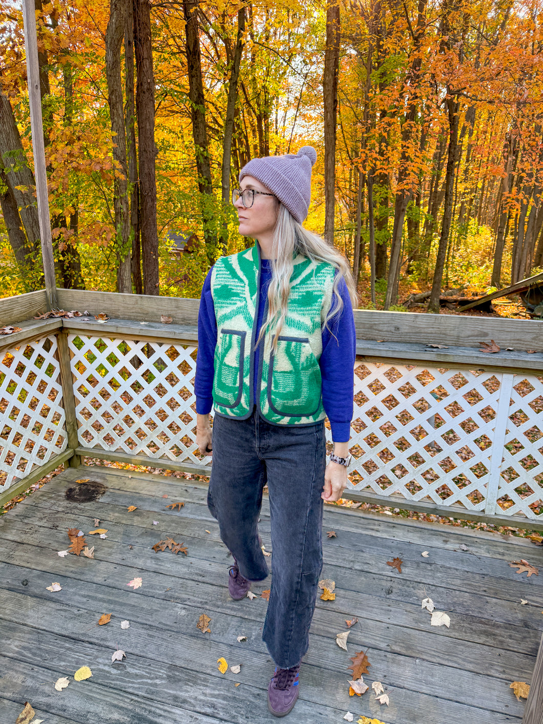 One-of-a-Kind: Green Floral Wool Blanket Vest (XS-M)