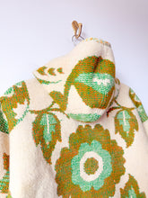 Load image into Gallery viewer, One-of-a-Kind: Green and Tan Floral Ukrainian Blanket Hooded Flora Jacket (S)
