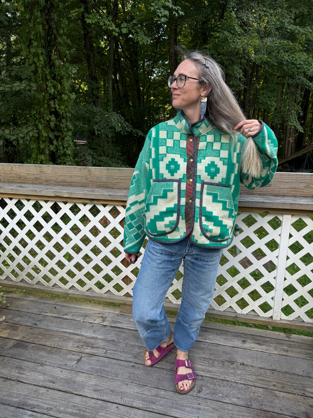 One-of-a-Kind: Geometric Green Ukrainian Wool Blanket Flora Jacket (L)